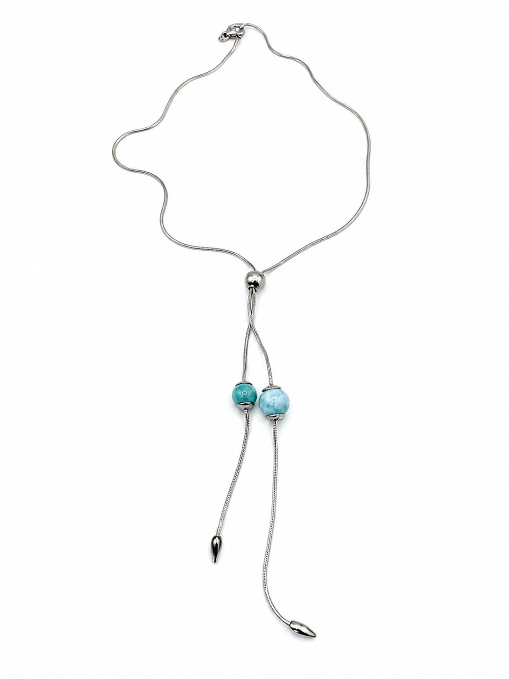 Silver Lariat Necklace with Turquoise Bead Accents Tiffany Style